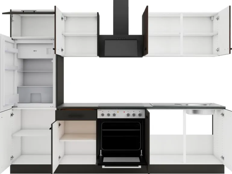 OPTIFIT Rimini409/Madrid420 Küchenzeile 270 cm Rillendekor Nussbaum/ Anthrazit