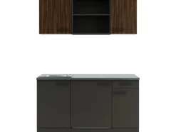 OPTIFIT Rimini409/Madrid420 Miniküche 150 cm Rillendekor Nussbaum/ Anthrazit