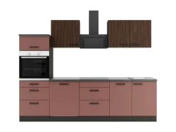 OPTIFIT Rimini409/Nizza407 Küchenzeile 270 cm Rilllendekor Nussbaum / Rostrot