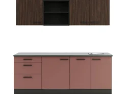 OPTIFIT Rimini409/Nizza407 Küchenzeile 210 cm Rilllendekor Nussbaum / Rostrot