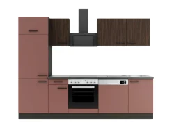 OPTIFIT Rimini409/Nizza407 Küchenzeile 270 cm Rilllendekor Nussbaum / Rostrot