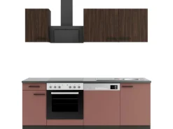 OPTIFIT Rimini409/Nizza407 Küchenzeile 210 cm Rilllendekor Nussbaum / Rostrot