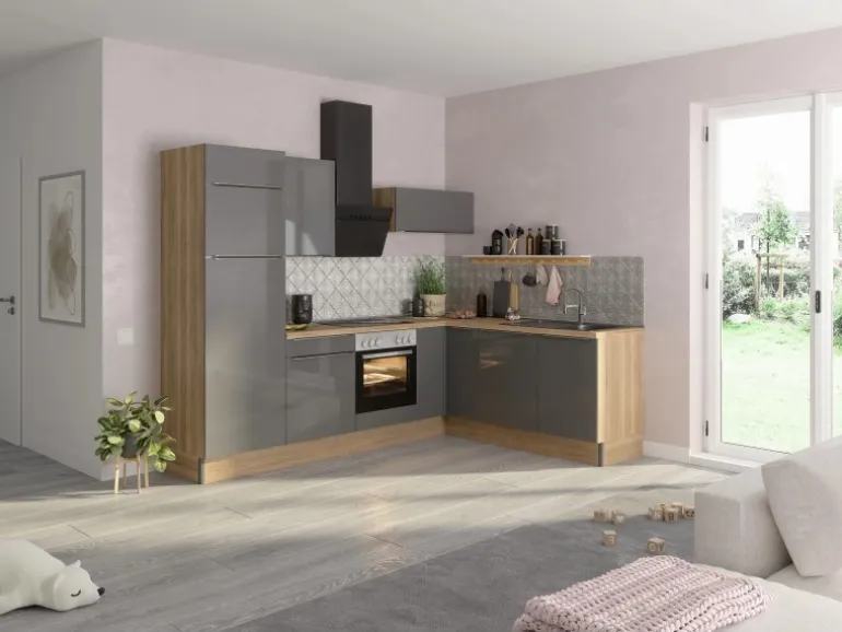 Optifit Winkelküche Optikoncept Linus ohne E-Geräte 270 cm Anthrazit-Wildeiche