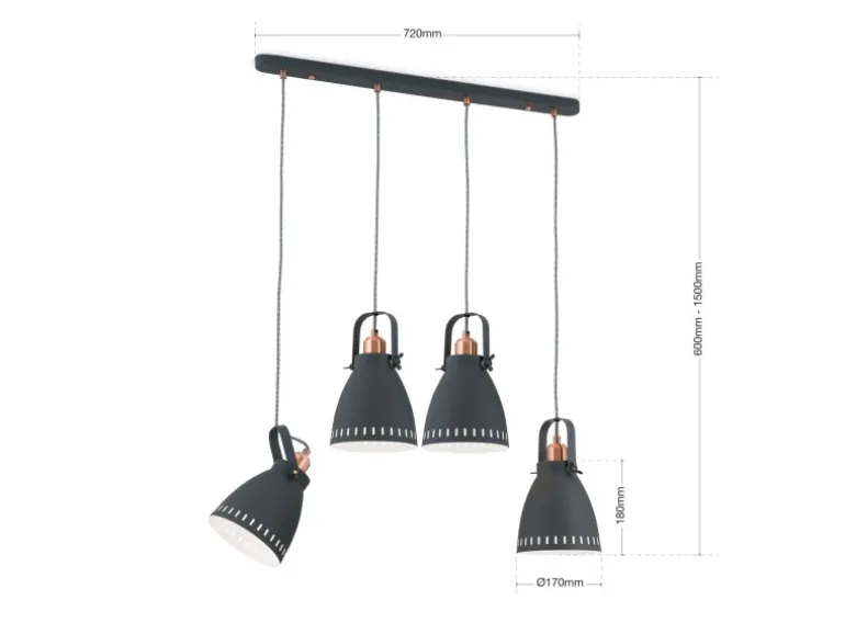 Orion Leuchten Hängeleuchte Theke 72 cm x 17 cm Schwarz 4 x E27