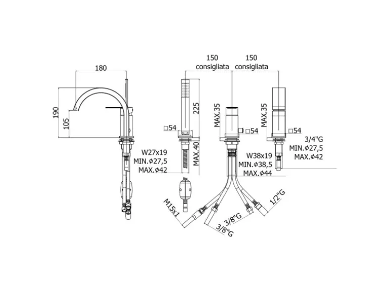 pianura Dreiloch-Wannenrand-Einhebelmischer Giulia inkl. Brausegarnitur in Chrom