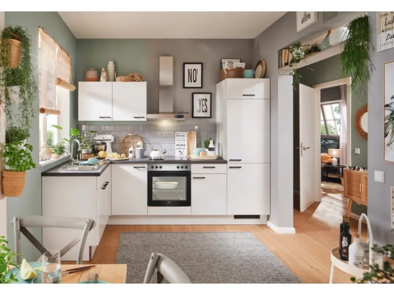 pino Eckküche 440 cm Weiß Hochglanz Anschlag rechts Arbeitsplatte Beton Grafit