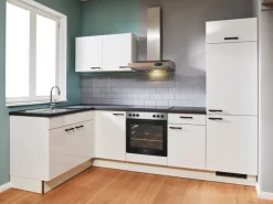 pino Eckküche 440 cm Weiß Hochglanz Anschlag rechts Arbeitsplatte Beton Grafit