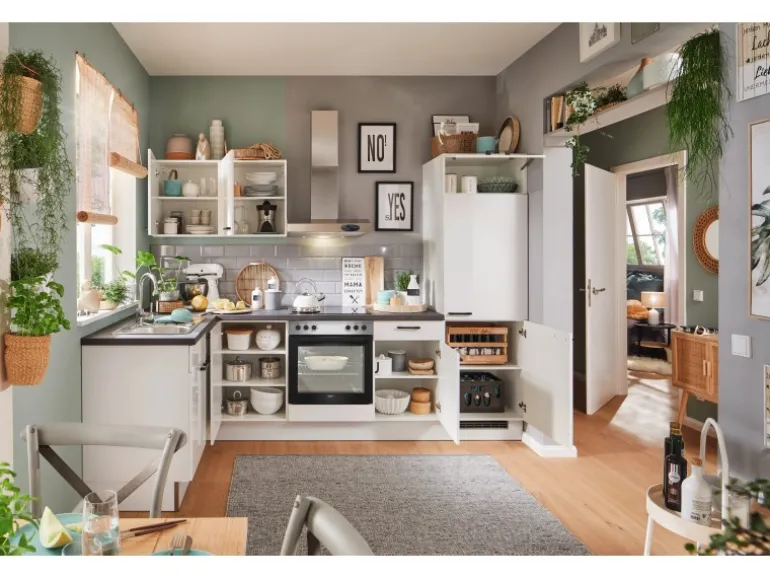 pino Eckküche 440 cm Weiß Hochglanz Anschlag rechts Arbeitsplatte Beton Grafit