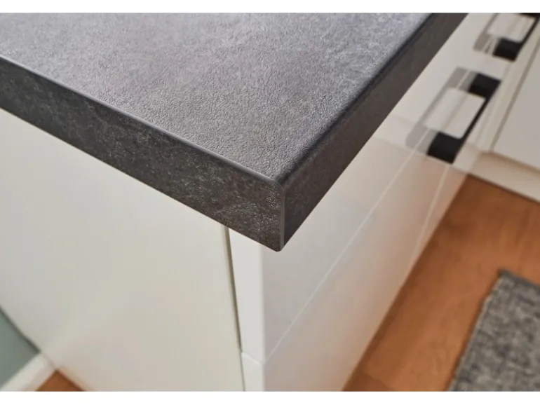 pino Eckküche 440 cm Weiß Hochglanz Anschlag rechts Arbeitsplatte Beton Grafit