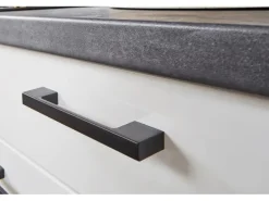 pino Eckküche 440 cm Weiß Hochglanz Anschlag rechts Arbeitsplatte Beton Grafit