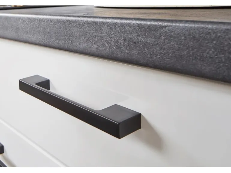 pino Eckküche 440 cm Weiß Hochglanz Anschlag rechts Arbeitsplatte Beton Grafit