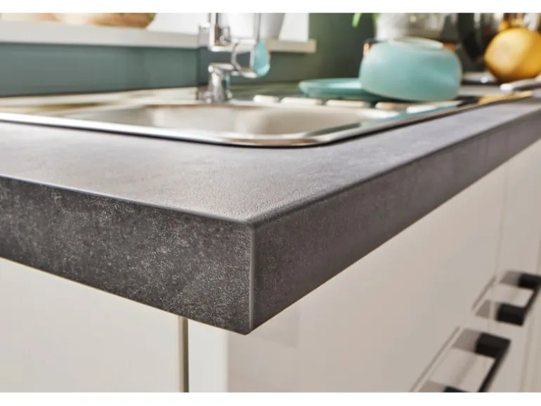 pino Eckküche 440 cm Weiß Hochglanz Anschlag rechts Arbeitsplatte Beton Grafit