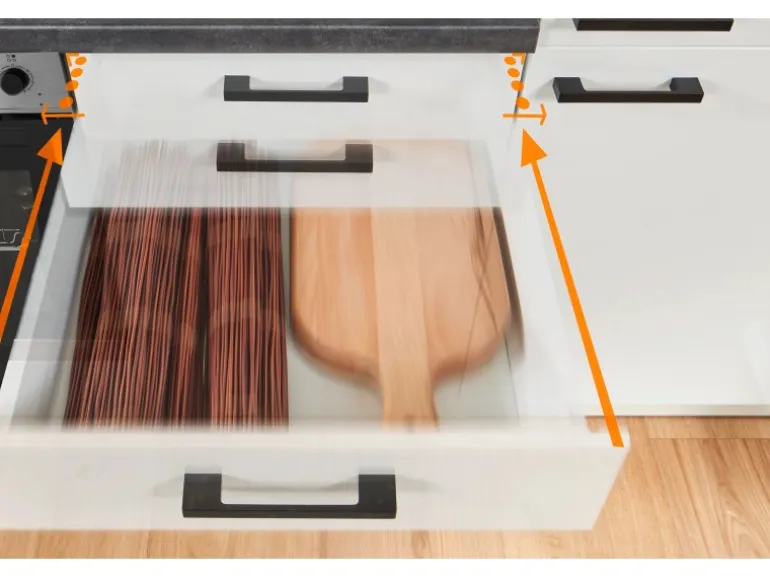 pino Eckküche 440 cm Weiß Hochglanz Anschlag rechts Arbeitsplatte Beton Grafit