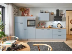 pino Küchenzeile 370 cm Pastellblau Anschlag links 1 Geräte-, 1 Apothekerschrank