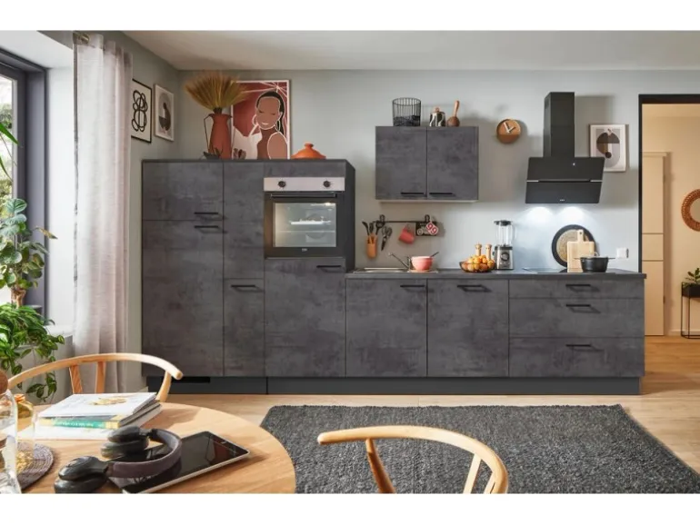 pino Küchenzeile 370cm Beton Grafitgrau Anschlag L 1 Geräte-, 1 Apothekerschrank