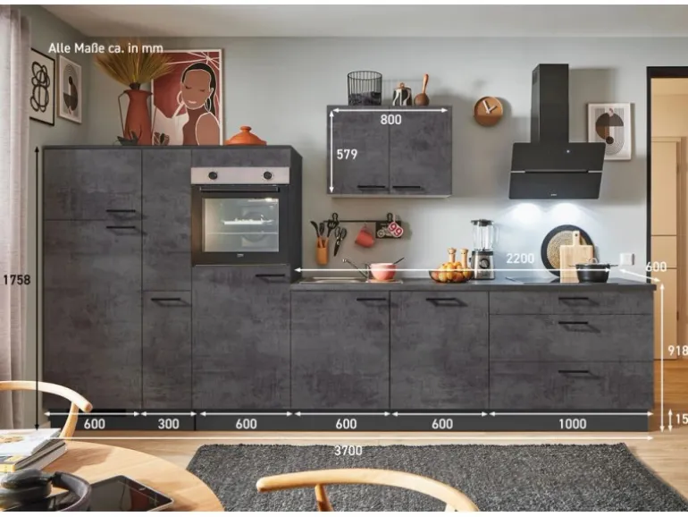 pino Küchenzeile 370cm Beton Grafitgrau Anschlag L 1 Geräte-, 1 Apothekerschrank