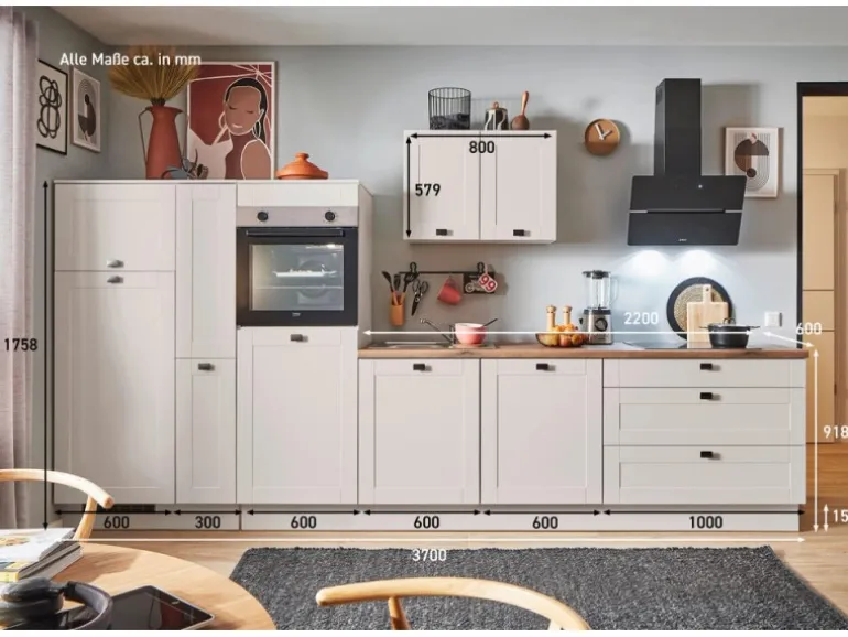 pino Küchenzeile 370cm Kaschmirgrau Matt Anschlag L 1Geräte-, 1 Apothekerschrank