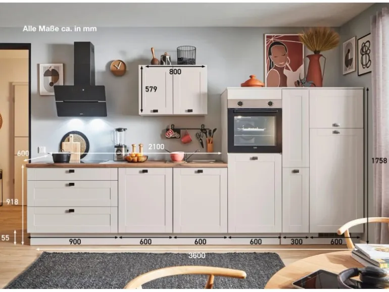 pino Küchenzeile 360cm Kaschmirgrau Matt Anschlag R 1 Geräte-, 1Apothekerschrank