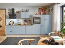 pino Küchenzeile 370cm Pastellblau Anschlag rechts 1 Geräte-, 1 Apothekerschrank