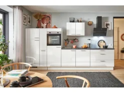 pino Küchenzeile 340cm Weiß Hochglanz Anschlag L 1 Geräte-, 1 Apothekerschrank