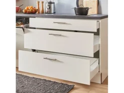 pino Küchenzeile 300cm Weiß Hochglanz Anschlag L 1 Geräte-, 1 Apothekerschrank