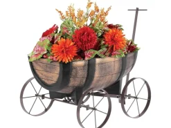 PROREGAL Pflanzenwagen Whiskyfass Maße 41x29x19 cm in Holzoptik auf Rädern für Innen- & Außen, Gartendeko