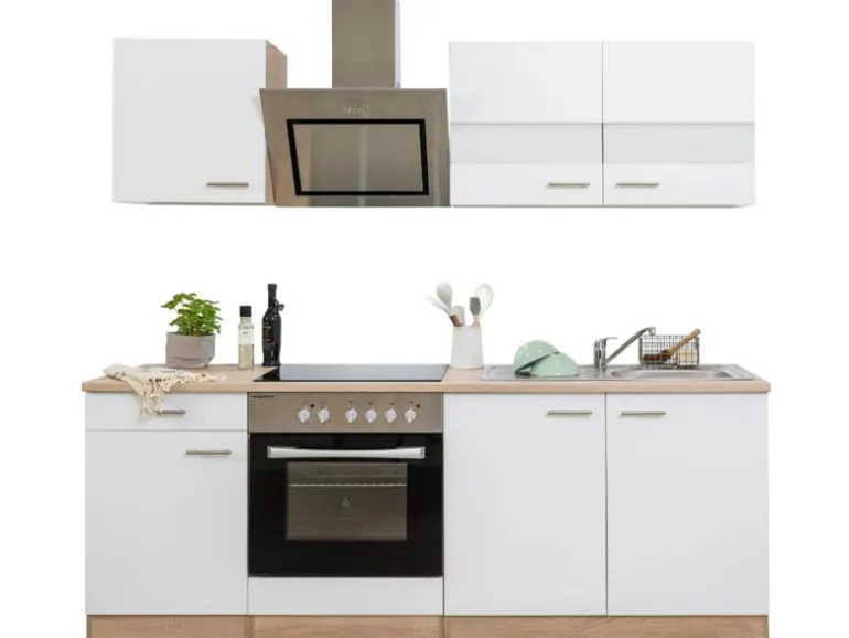 Respekta Economy Küchenzeile KB210ESWSC 210 cm Weiß-Eiche Sägerau Glänzend