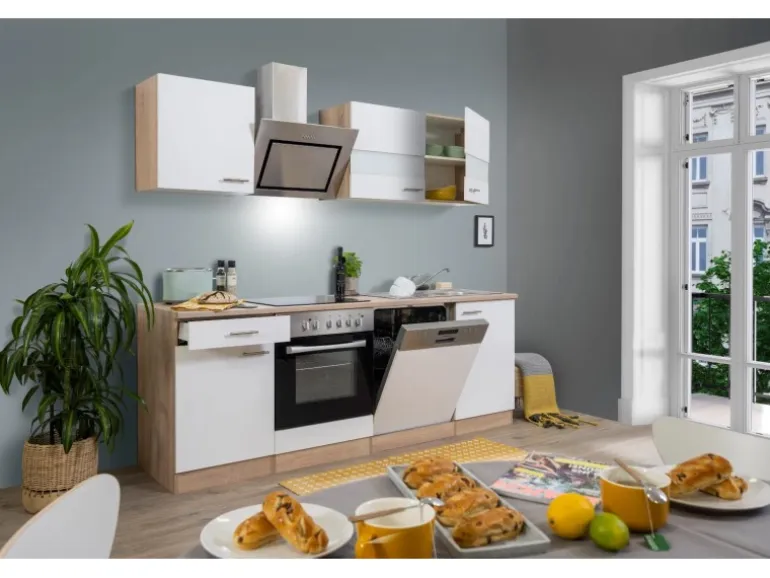 Respekta Economy Küchenzeile KB220ESWSC 220 cm Weiß-Eiche Sägerau Glänzend