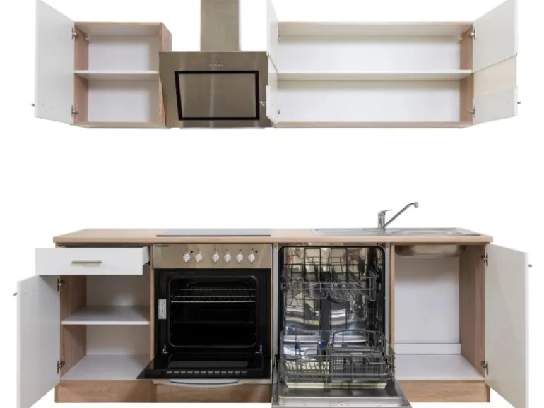 Respekta Economy Küchenzeile KB220ESWSC 220 cm Weiß-Eiche Sägerau Glänzend