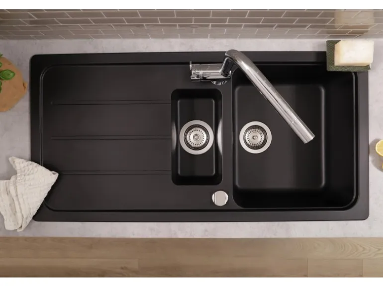 Respekta Einbauspüle Massivgranit Austin 100 cm x 50 cm mit Zusatzbecken Schwarz