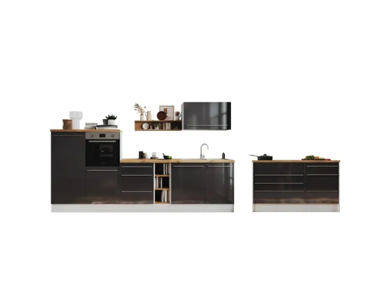 Respekta Inselküche Gabriel 320 cm mit Muldenlüfter Grau Hochglanz