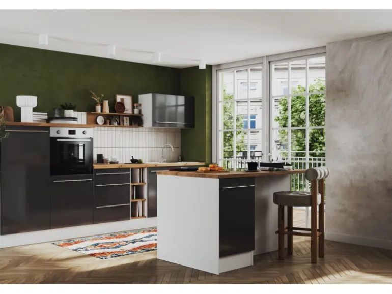 Respekta Inselküche Gabriel 320 cm mit Muldenlüfter Grau Hochglanz