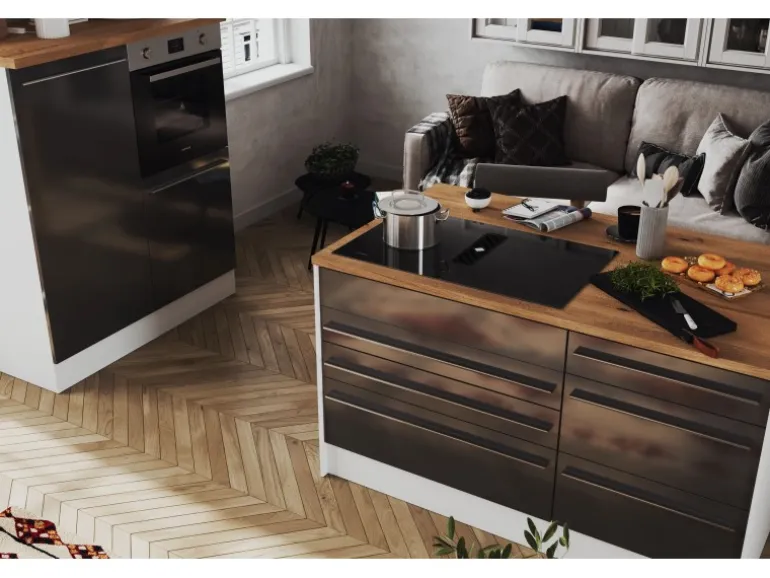 Respekta Inselküche Gabriel 320 cm mit Muldenlüfter Grau Hochglanz