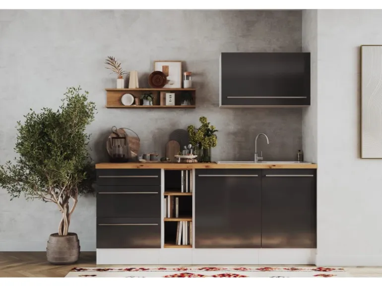 Respekta Inselküche Gabriel 320 cm mit Muldenlüfter Grau Hochglanz