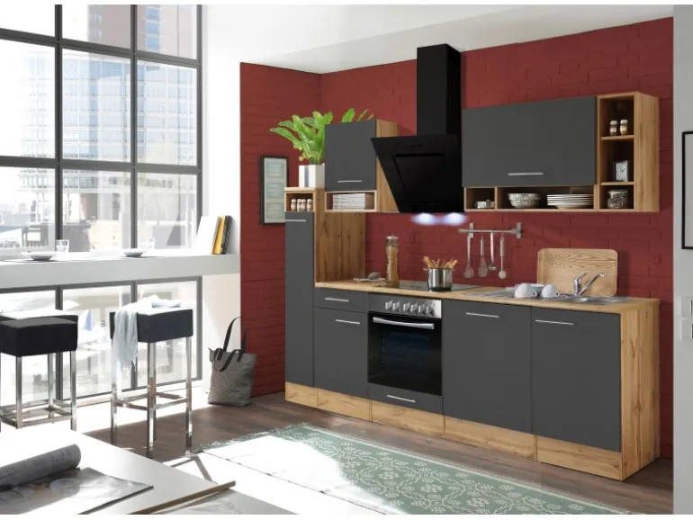 Respekta Küchenzeile 250 cm Grau-Wildeiche Nachbildung