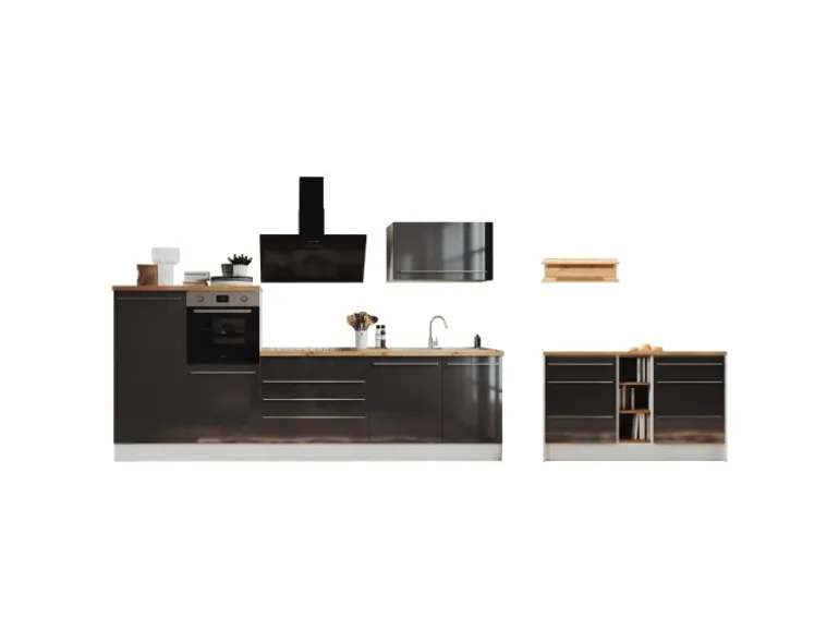 Respekta Küchenzeile Gabriel 320 cm mit Kücheninsel Grau Hochglanz