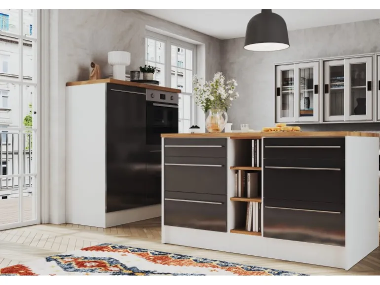 Respekta Küchenzeile Gabriel 320 cm mit Kücheninsel Grau Hochglanz