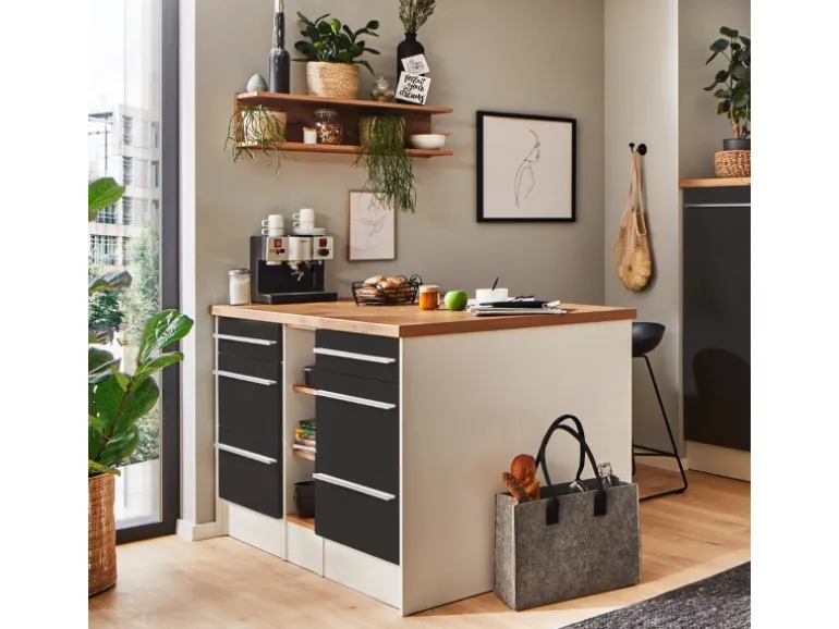 Respekta Küchenzeile Gabriel 320 cm mit Kücheninsel Grau Hochglanz