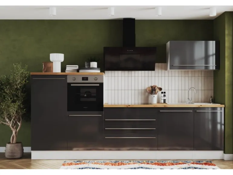 Respekta Küchenzeile Gabriel 320 cm mit Kücheninsel Grau Hochglanz