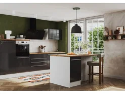 Respekta Küchenzeile Gabriel 320 cm mit Kücheninsel Grau Hochglanz