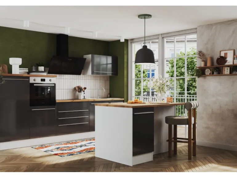 Respekta Küchenzeile Gabriel 320 cm mit Kücheninsel Grau Hochglanz