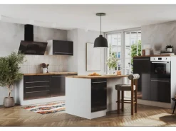 Respekta Küchenzeile Gabriel 320 cm mit Kücheninsel Grau Hochglanz