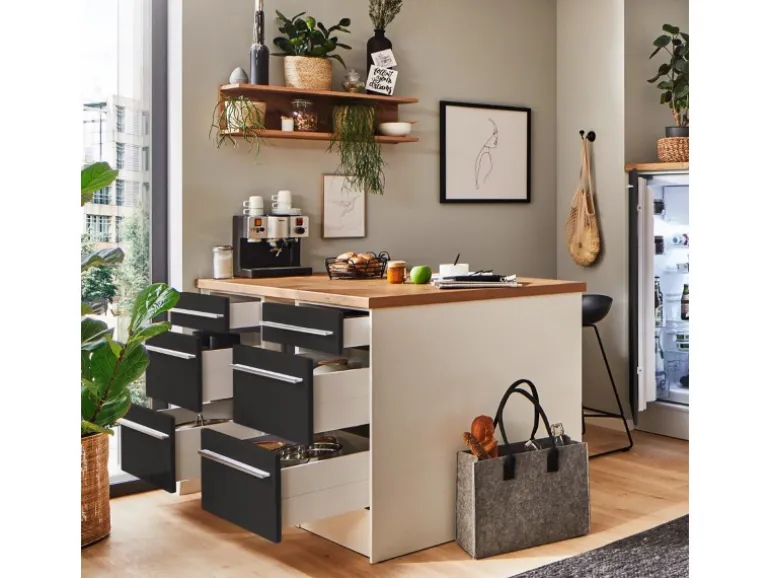 Respekta Küchenzeile Gabriel 290 cm mit Kücheninsel Grau Hochglanz