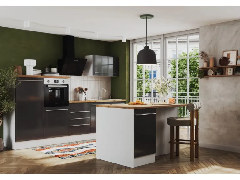 Respekta Küchenzeile Gabriel 290 cm mit Kücheninsel Grau Hochglanz