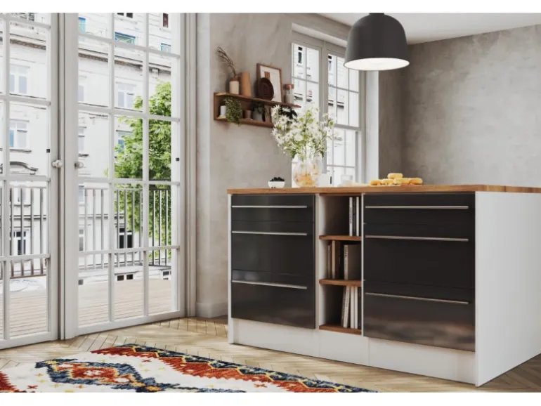 Respekta Küchenzeile Gabriel 290 cm mit Kücheninsel Grau Hochglanz