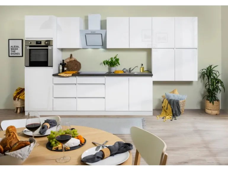 Respekta Küchenzeile GLRP370HWW Grifflos 370 cm Weiß Hochglanz