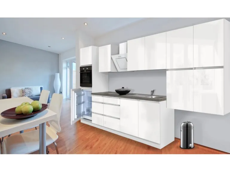 Respekta Küchenzeile GLRP370HWW Grifflos 370 cm Weiß Hochglanz