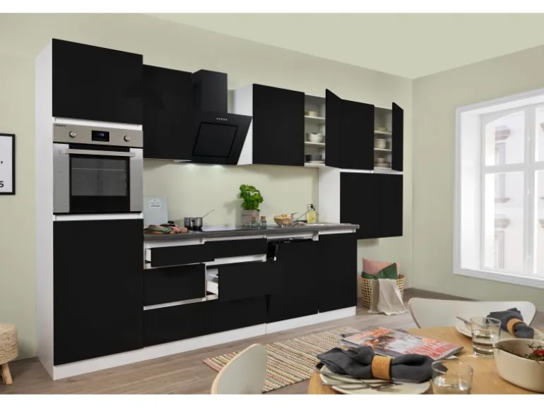 Respekta Küchenzeile GLRP380HWS Grifflos 380 cm Schwarz Hochglanz-Weiß