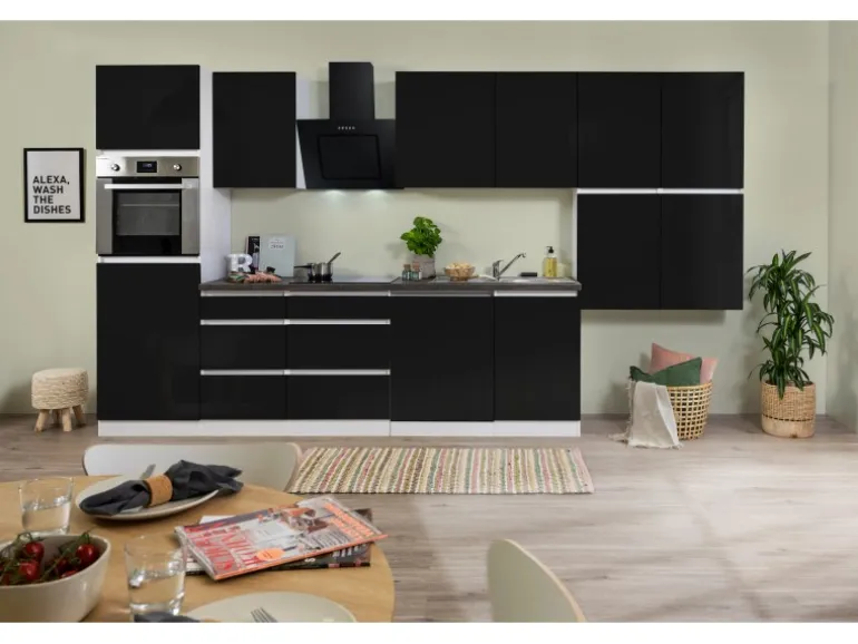 Respekta Küchenzeile GLRP380HWS Grifflos 380 cm Schwarz Hochglanz-Weiß