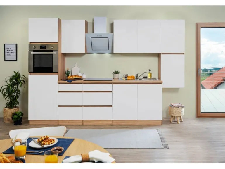 Respekta Küchenzeile GLRP320HESWM Grifflos 320 cm Weiß matt-Sonoma Eiche